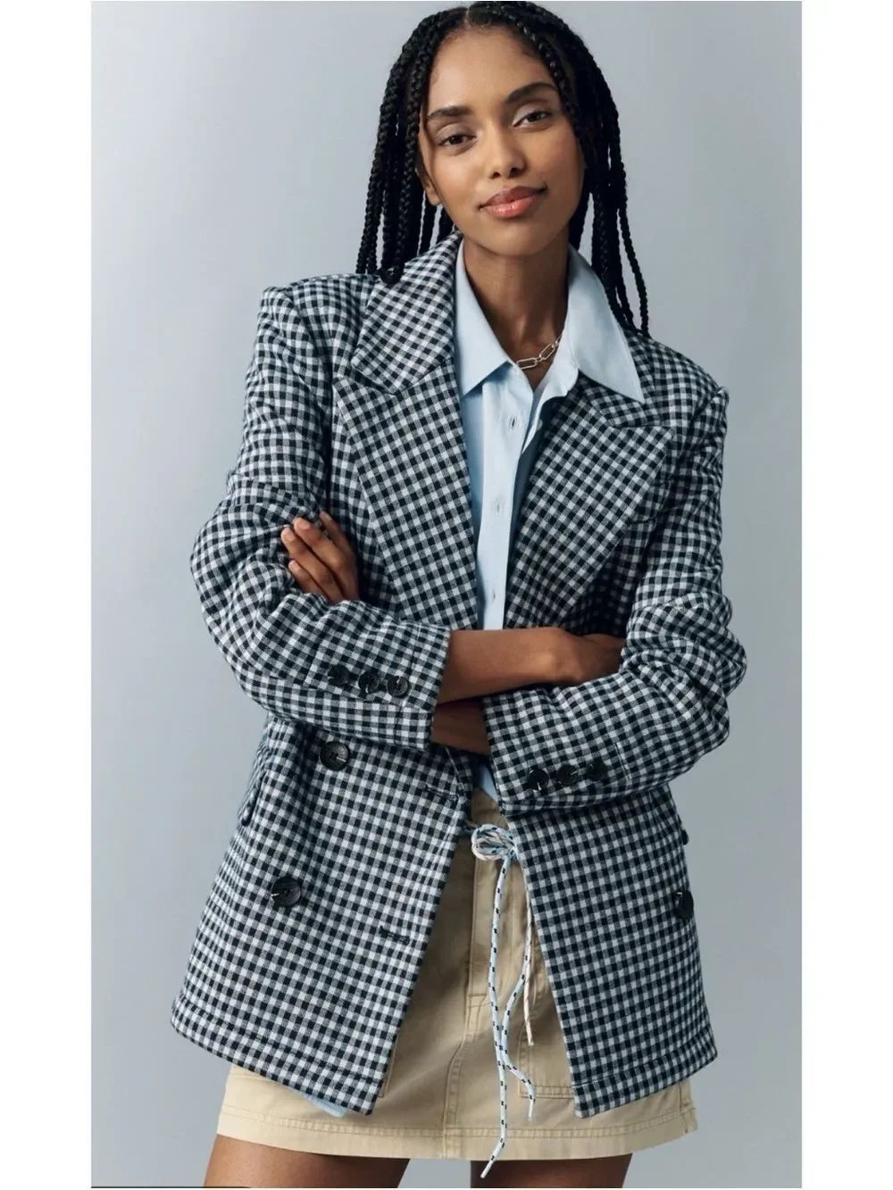 Avec Les Filles Double-Breasted Knit Plaid Blazer in Navy Gingham Size S ~ NWT